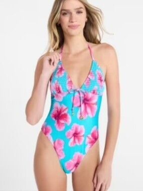 Hibiscus Print One Piece Swimwear High Cut Size L